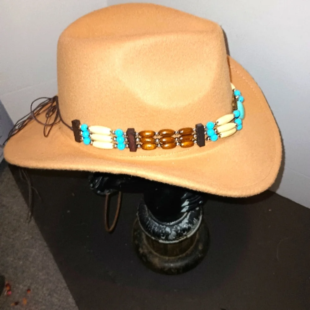 Tan Western Hat with Turquoise and Brown Beaded Band - Picture 6 of 9